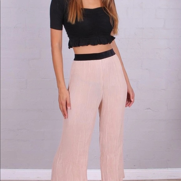 Womens Blush Pink Wide Leg Pleated Culottes Cropped Pant Spring Beach Trousers - Picture 2 of 2